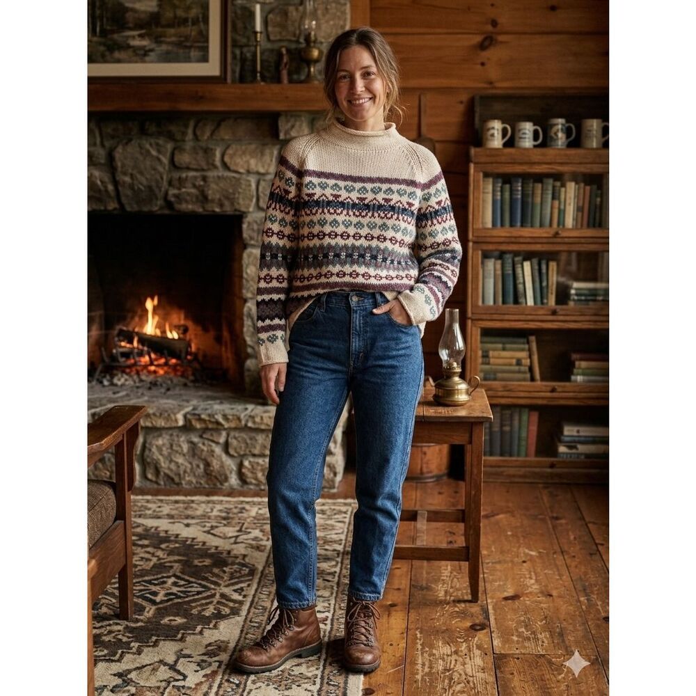 Vintage Eddie Bauer Fair Isle Knit Sweater Womens M Cotton Cream Roll Neck Mock